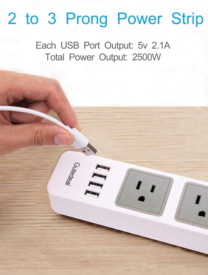 Power Strip 2 to 3 Prong 3 Meters White, 2 Prong USB Power Strip with 9.8ft Extension Long Cord, 3-Outlet Surge Protector with 4 USB Charging Ports for Workbench, Nightstand, Home, Office and Hotel