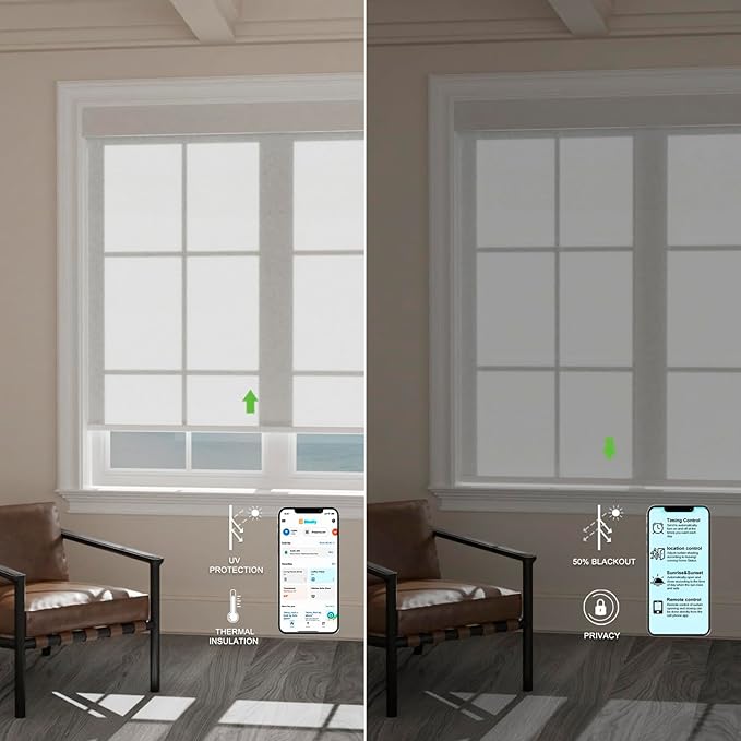 Motorized Blinds with Remote [Light Filtering] Smart Blinds Compatible with Alexa Google HomeKit, 60% Blackout Automatic Roller Shades for Indoor Windows, Customized Size, Pure White