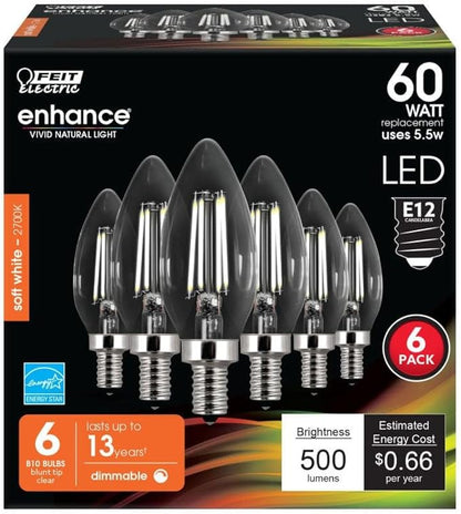 Feit Electric 60W Equivalent Candelabra LED Light Bulb, Dimmable, E12 Base, 2700K Soft White, B10 Filament Torpedo Tip Decorative Lighting Bulbs, 13-Year Lifetime, CTC60/927CA/FIL/6, 6-Pack