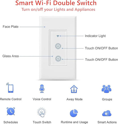 Nexete Smart Wi-Fi Double Light Switch, 2 in1 Single Pole Switch Compatible with Alexa Google Assistant & IFTTT,Remote Control, Timing Function No Hub Required (1-Pack Double)