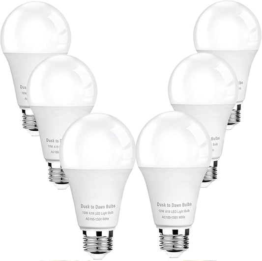 6-Pack Dusk to Dawn LED Outdoor Light Bulb, 10W 5000K Daylight 1100LM, Auto On/Off Light Sensor, E26 Base - Weatherproof for Porch, Yard & Garage