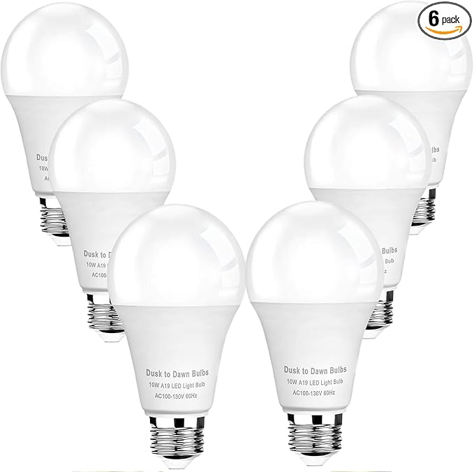 6-Pack Dusk to Dawn LED Light Bulbs, 75W Equivalent, 2700K 1,100LM, Automatic On/Off Outdoor Light, E26 A19 10W Bright Porch Light Bulbs, for Indoor/Outdoor Yard Patio Garage Garden