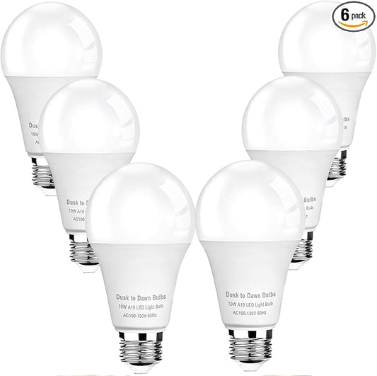 6-Pack Dusk to Dawn LED Light Bulbs, 75W Equivalent, 2700K 1,100LM, Automatic On/Off Outdoor Light, E26 A19 10W Bright Porch Light Bulbs, for Indoor/Outdoor Yard Patio Garage Garden