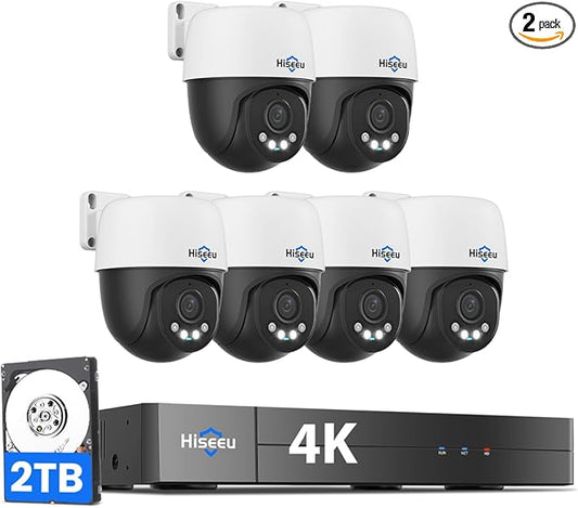 [4K+360° View] Hiseeu 4K PoE Security Camera System, 6Pcs 8MP PoE PTZ Wired Camera Outdoor, Human Vehicle Detect, 2-Way Audio, Color Night Vision, 16CH Expandable, 2TB HDD for 24/7 Home Surveillance