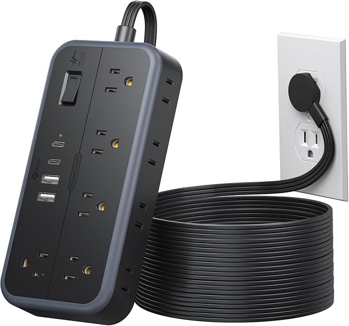 NTONPOWER Power Strip 15 Ft Cord, 10 Widely Spaced Outlets, 4 USB Port(2 USB C Port), Ultra Thin Flat Plug Extension Cord 15 Feet for Home Office Garage, Black