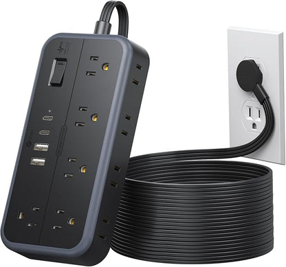 NTONPOWER Power Strip 15 Ft Cord, 10 Widely Spaced Outlets, 4 USB Port(2 USB C Port), Ultra Thin Flat Plug Extension Cord 15 Feet for Home Office Garage, Black