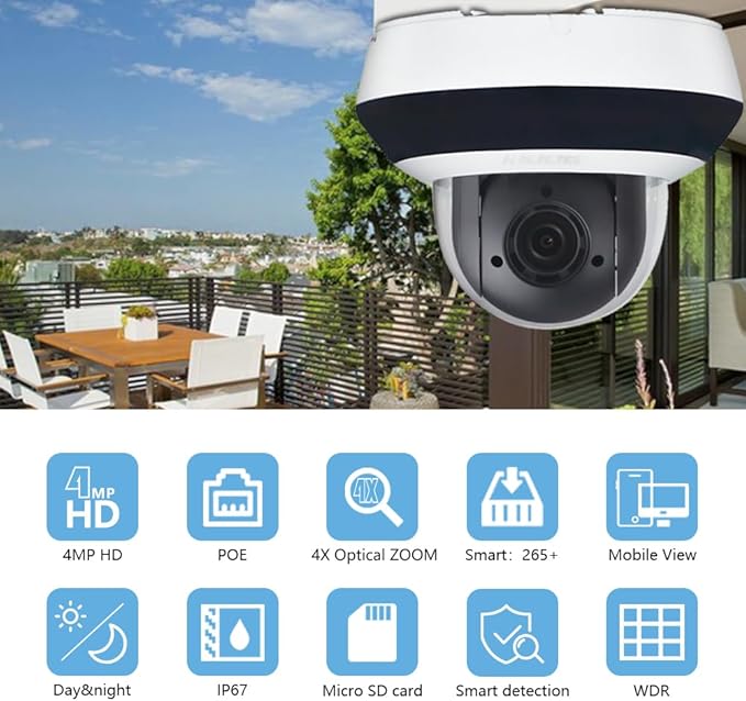 VIKYLIN 4MP PTZ POE IP Mini Dome Camera 4X Optical ZoomPan/Tilt/ 2.8mm~12mm, Perimeter Protection, Built-in Audio, Alarm, 330° Pan 90° Tilt, Card Slot, IP66& IK10,2560x1440@30fps
