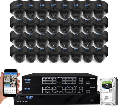 GW Security 32 Channel 12MP NVR UltraHD 4K Face Recognition/Human/Cars Detection PoE Security Camera System with 32 x 8MP Waterproof Microphone 130° Wide Angle Outdoor Indoor Dome Cameras (Black)