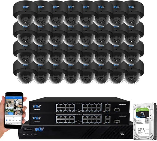 GW Security 32 Channel 12MP NVR UltraHD 4K Face Recognition/Human/Cars Detection PoE Security Camera System with 32 x 8MP Waterproof Microphone 130° Wide Angle Outdoor Indoor Dome Cameras (Black)