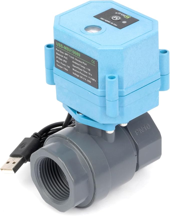 U.S. Solid WiFi Smart Motorized Ball Valve 1 inch NPT for Water Control & Irrigation, 2 Way PVC Electric Valve, USB Powered, LED Status Indicator, Flow Direction Window, Remote On/Off Control