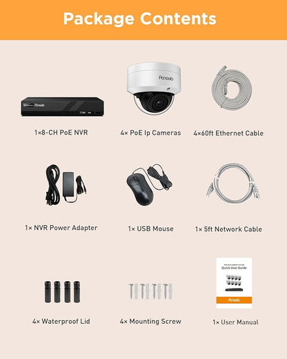 5MP PoE Security Camera System, 4X IK10 Vandal-Proof Dome IP Cameras Outdoor with Person Detection, Built-in Mic, 2.8mm Lens, 100ft IR Night Vision, 4K 8CH NVR with 2TB HDD, PD54A0408-5M2-1
