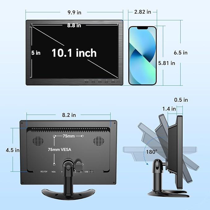 Eyoyo 10.1 inch Security Monitor 1366x768 Resolution, Small HDMI Monitor Supporting HDMI VGA AV BNC USB Input, Small Screen with Built-in Speakers for PC CCTV Camera NVR(EM101AD)