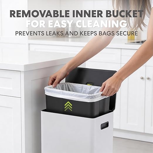 Simpli-Magic Infinity Edge 60 Liter / 16 Gallon Rectangular Hands-Free Extra Large Kitchen Step Trash Can, Soft-Close Single Lid Recycling Bin, Stainless Steel, White, 79680
