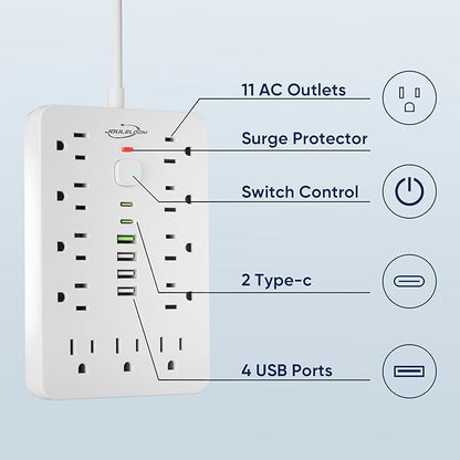 JouleLoom 2 Pack 6 FT Flat Plug Surge Protector Power Strip,11 Multiple AC Outlets with 6 USB Ports (2 USB C), 6 Feet Extension Cord, 1250W/10A, One Touch Switch Button, 17 in 1 Compact powerstrip