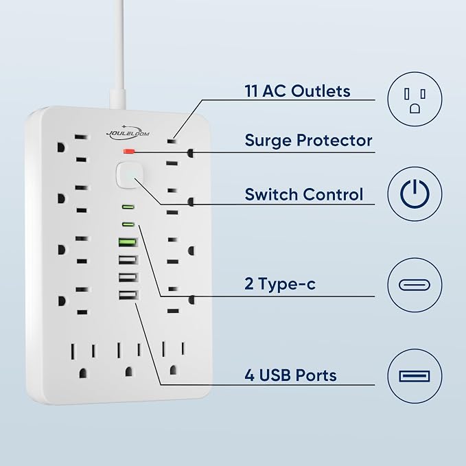JouleLoom 17-in-1 Surge Protector Power Strip, 6FT Flat Plug Cord, 11 AC Outlets +6 USB Ports (2 Type-C), 10A/1250W, Single Touch On/Off Switch,White