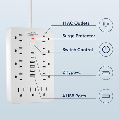 JouleLoom 17-in-1 Surge Protector Power Strip, 6FT Flat Plug Cord, 11 AC Outlets +6 USB Ports (2 Type-C), 10A/1250W, Single Touch On/Off Switch,White