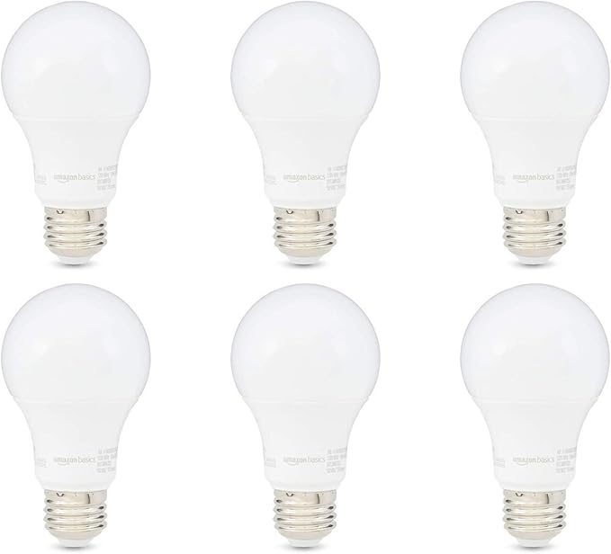 Amazon Basics A19 LED Light Bulb, 60W Equivalent, 9W Energy Efficient, E26 Standard Base, Soft White 2700K, Non-Dimmable, 10,000 Hour Lifetime, 6-Pack