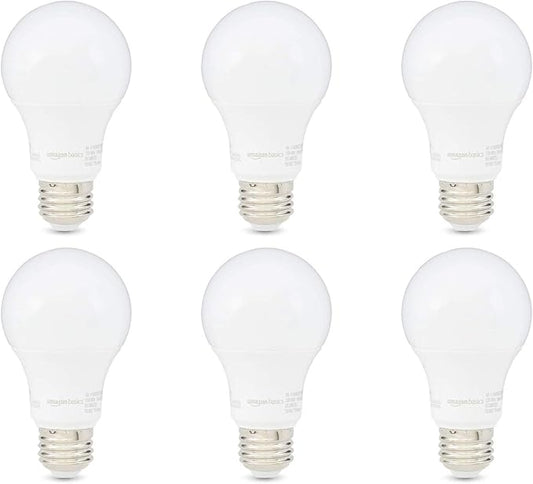 Amazon Basics A19 LED Light Bulb, 60W Equivalent, 9W Energy Efficient, E26 Standard Base, Soft White 2700K, Non-Dimmable, 10,000 Hour Lifetime, 6-Pack