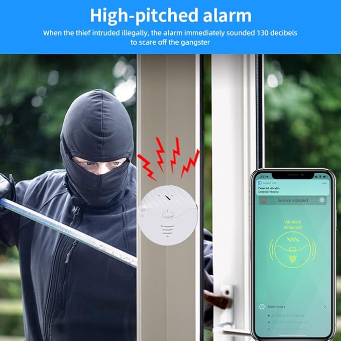 WiFi Window Alarm System, 2 Pack Glass Break Detection with Phone APP, 120dB Smart Alarms with Adjustable Vibration Sensor for Car,Home Security (2PCS)
