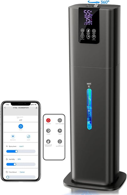 Hiswelle 8L Smart Humidifier for Large Room Bedroom, Cover up to 505ft², Easy Top Fill, Remote & APP Control, Aroma Box, RGB Light, Last 48 Hours Suitable for Indoor Plant, Office, Home
