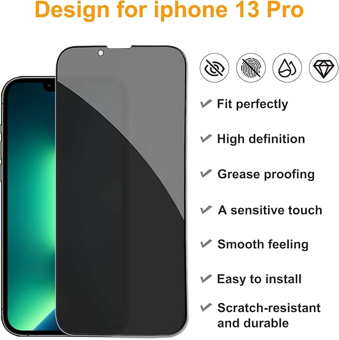PEHAEL 2+2 Pack for iPhone 13 Pro Privacy Screen Protector with Camera Lens Protector Full Coverage AntiSpy Tempered Glass Film 9H Hardness Easy Installation Bubble Free [6.1 inch]