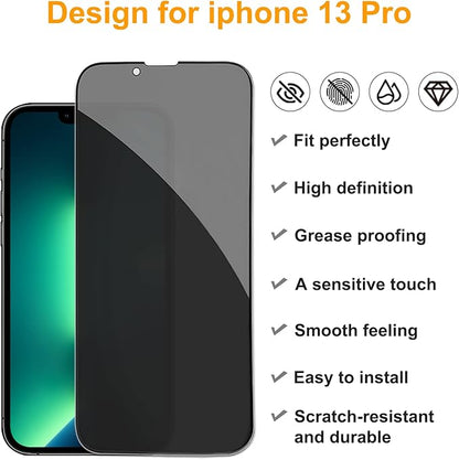 PEHAEL 2+2 Pack for iPhone 13 Pro Privacy Screen Protector with Camera Lens Protector Full Coverage AntiSpy Tempered Glass Film 9H Hardness Easy Installation Bubble Free [6.1 inch]