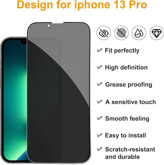 PEHAEL 2+2 Pack for iPhone 13 Pro Privacy Screen Protector with Camera Lens Protector Full Coverage AntiSpy Tempered Glass Film 9H Hardness Easy Installation Bubble Free [6.1 inch]