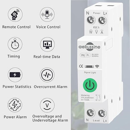 WiFi Smart Switch Breaker, 1-63A Adjustable Wifi Breaker for Whole House Monitoring, APP Remote Control Monitor Voltage Power Energy Usage, Compatible with Alexa Google Home, DIN Rail Mountable(2 PCS)