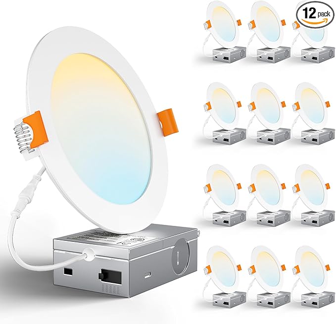 CHARKEE 12 Pack 6 Inch 5CCT Ultra-Thin LED Recessed Ceiling Light with Junction Box, 2700K/3000K/3500K/4000K/5000K, 1050LM, 12W Equivalent to110W, Dimmable Canless Downlights, ETL & Energy Star & FCC