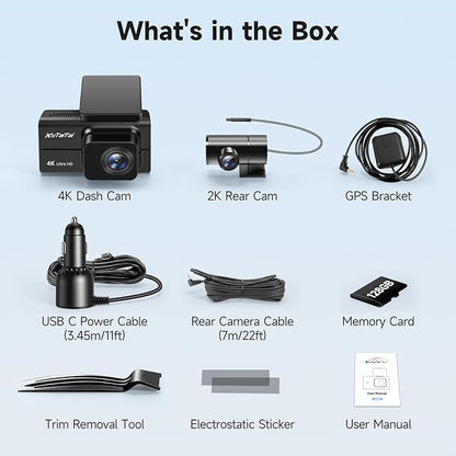 4K Dash Cam Front and Rear with Wi-Fi GPS Free 128GB Card, Dash Camera for Cars with HDR&WDR Night Vision, Car Camera with 3" Touch Screen, 170° Wide Angle, Loop Recording, 24H Parking Mode