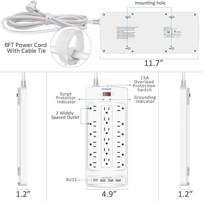 18 Outlets Surge Protector Power Strip - 6 Feet Flat Plug Heavy Duty Extension Cord with 18 Widely Outlets and 4 USB Ports, 2100 Joules, White, ETL Listed