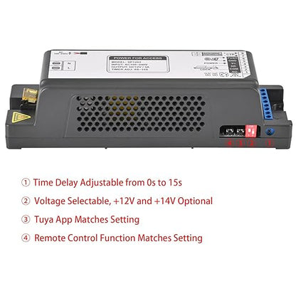 Smart Access Control Power Supply Controller, 12V/14V 3A with Delay Timer, WiFi & Tuya App Remote, 433MHz Remote Control, Compatible with Electric Locks, Door Access Systems & Intercoms