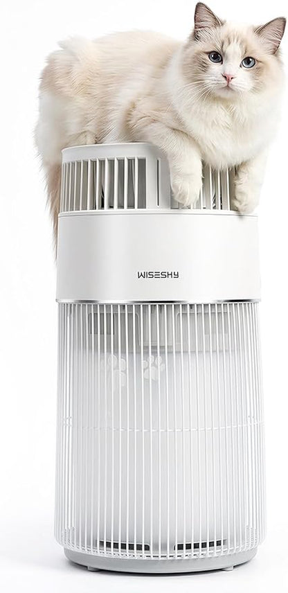 WISESKY Cat Air Purifier for Large Rooms, 5-Stage HEPA Air Cleaner for Cat Hair, Dander & Odors, 360° Air Intake, Quiet Operation, Bite-Resistant Cord & Tip-Over Protection, Smart App Control