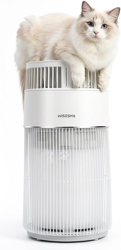 WISESKY Cat Air Purifier for Large Rooms, 5-Stage HEPA Air Cleaner for Cat Hair, Dander & Odors, 360° Air Intake, Quiet Operation, Bite-Resistant Cord & Tip-Over Protection, Smart App Control