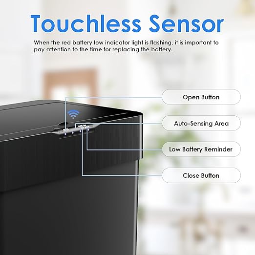 Sensor Trash Can, Touchless Motion Sensor Trash Bin, Smart Automatic Garbage Can with Soft-Close Lid, Bag Retainer Ring and Display Light,for Kitchen,Living Room Office (Black, 18.5 Gal)