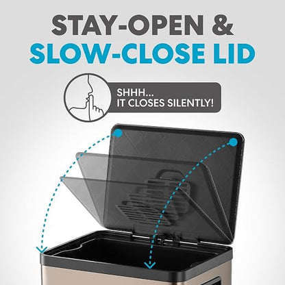 SIMPLI-MAGIC 13 Gallon/50 Liter Kitchen Trash Can, Stainless Steel Step-On Garbage Bin with Side Handles, Built-In Odor Filter Holder & Removable Inner Bucket for Kitchen & Office & Bedroom, Rose Gold