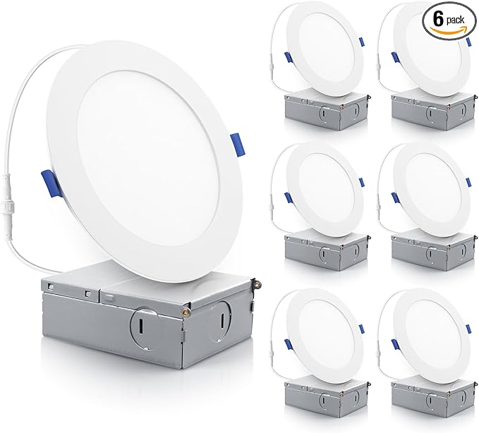 ECOELER 6 Inch Ultra Thin LED Recessed Ceiling Lights, Smooth Trim Canless Downlight,12W 1100Lm 5000K Daylight, Dimmable, Wafer Thin, Slim LED Panel with Junction Box, ETL Listed, 6 Pack