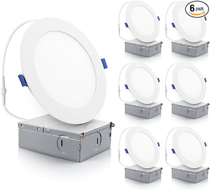 ECOELER 6Inch LED Recessed Ceiling Light, 3000K Warm White,12W 1100LM, Dimmable Canless Downlights with Junction Box, ETL and FCC Listed, 6 Pack