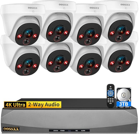 (2026 New) 4K PoE Security Camera System, 8CH NVR w/ 3TB HDD, 8pcs Wired Dome Cameras, 130° Wide Angle, PIR Motion Detection, 2-Way Audio, Remote Control, No Monthly Fee App