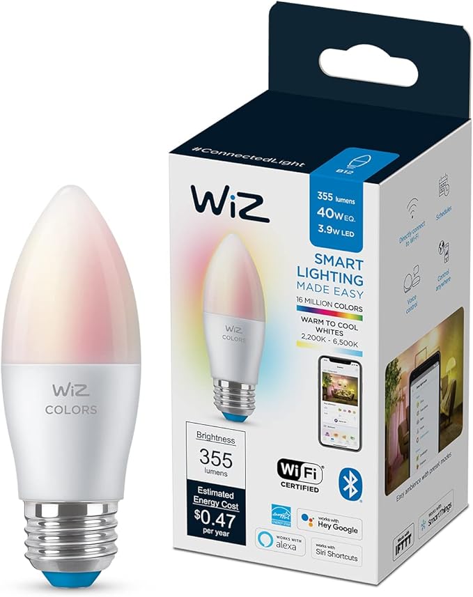 WiZ 60W B12 Color LED Smart Candle-Shaped Bulb - Pack of 1 - E26, Indoor & WiZ Remote - Pack of 1 - Works with All Products - Turn Lights On or Off, Brighten