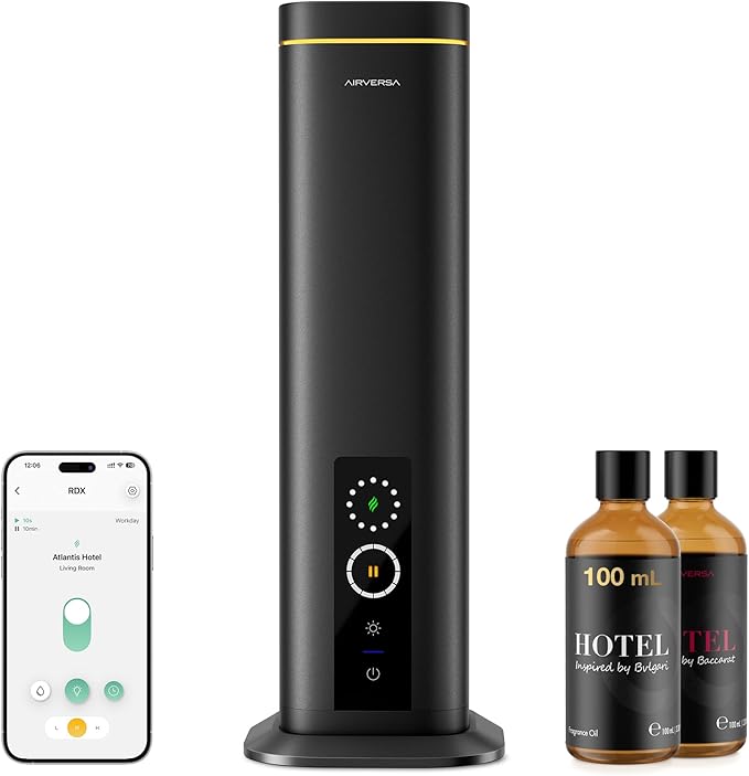 Airversa Waterless Diffuser, Smart Tower Diffuser with App Control, Cold Air Scent Diffuser Oil Machine for Homes Offices Hotels, 300mL Capacity, Up to 1500 sq ft, DC-12V/1A Plug, RDX Black Kit