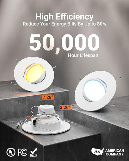 Sunco 5/6 Inch LED Can Lights Retrofit Recessed Lighting, Gimbal Downlight Adjustable, 800 LM, 12W:60W, Selectable CCT 2700K/3000K/3500K/4000K/5000K, Dimmable, Damp Rated UL. (Pack of 2)