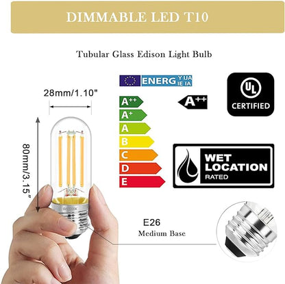 3.2 Inch 3000K Warm White E26 LED Bulb 60 Watt Equal, AC 120V 600LM Edison Bulbs Dimmable, 6W T10 T30 Tubular Filament Light Bulbs Clear Glass for Fan Pendant Wall Light, UL Certified-6 Pack