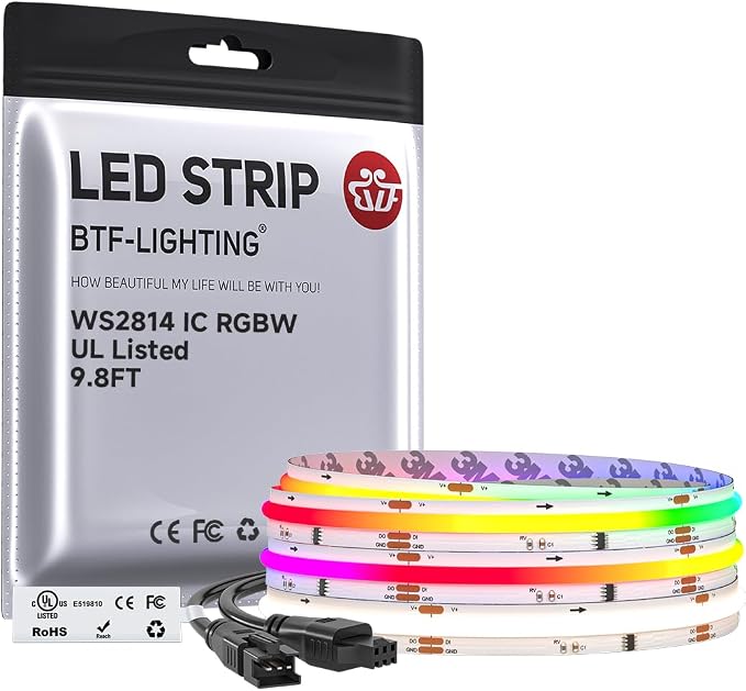 BTF-LIGHTING 9.8FT WS2814 Smart IC RGBW 4000K DC24V COB LED Strip Light | UL Listed 784LEDs/m High Density Color Chasing Uniform Light 10mm Width for Home Party DIY Lighting(No Adapter or Controller)