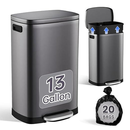 ELPHECO Kitchen Trash Can with Lid Soft Close, 13 Gallon / 50L Stainless Steel Pedal Garbage Can, Heavy-Duty Step Wastebasket with 20 Bags, Removable Bucket, Home Office, Titanium Silver