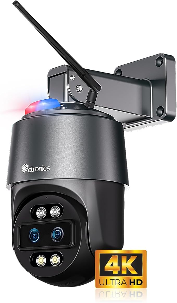 Ctronics [10X Hybrid Zoom] Dual-Lens 4K 8MP Security Camera Outdoor, Auto Tracking & Zoom, 2.4/5GHz WiFi, AI Human/Vehicle/Animal Detection, 256GB TF/Cloud/FTP/NAS Storage, Color Night Vision