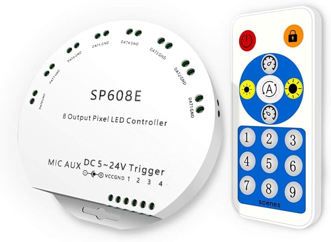 BTF-LIGHTING WS2812B WS2811 WS2813 WS2815 1903 Built-in Mic/AUX Music SP608E Bluetooth Controller with 8 Signal Outputs for LED Module Pixel Strip String Light Andriod iOS APP/Remote/Trigger Control