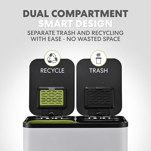 Simpli-Magic 60 Liter / 16 Gallon Rectangular Hands-Free Dual Compartment Recycling Kitchen Step Trash Can with Soft-Close Single Lid, Stainless Steel (30L x 30L Capacity) White