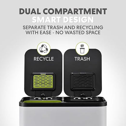 Simpli-Magic 60 Liter / 16 Gallon Rectangular Hands-Free Dual Compartment Recycling Kitchen Step Trash Can with Soft-Close Single Lid, Stainless Steel (30L x 30L Capacity) White