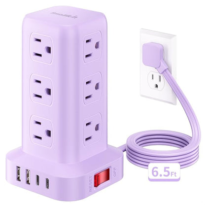 Extension Cord with Multiple Outlets, SMALLRT Power Strip Tower, Outlet Extender with 12 AC Outlets 4 USB, 6.5FT Extension Cord for Home Dorm Room, Office Supplies, Purple
